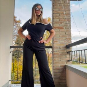 Black Wide-Leg Jumpsuit with Short Sleeves